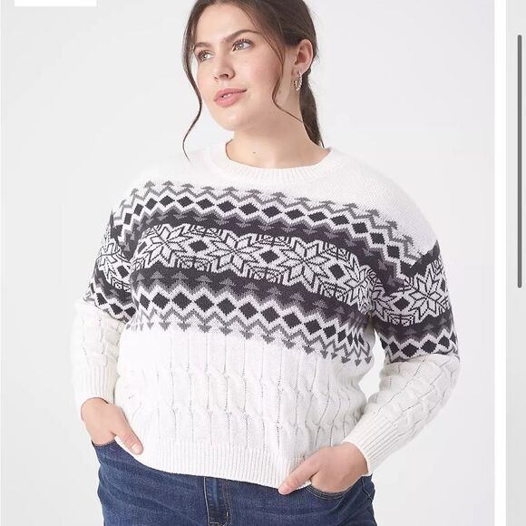 Lane Bryant Fair Isle Cable Knit Sweater Women 18/20 Ivory Cabin Preppy Winter - Picture 1 of 11